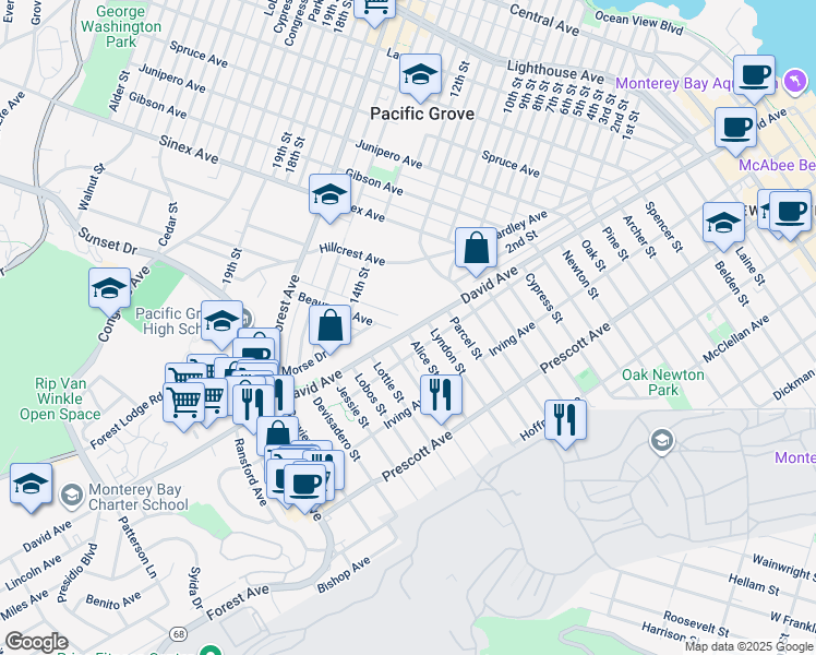 map of restaurants, bars, coffee shops, grocery stores, and more near 1866 David Avenue in Monterey