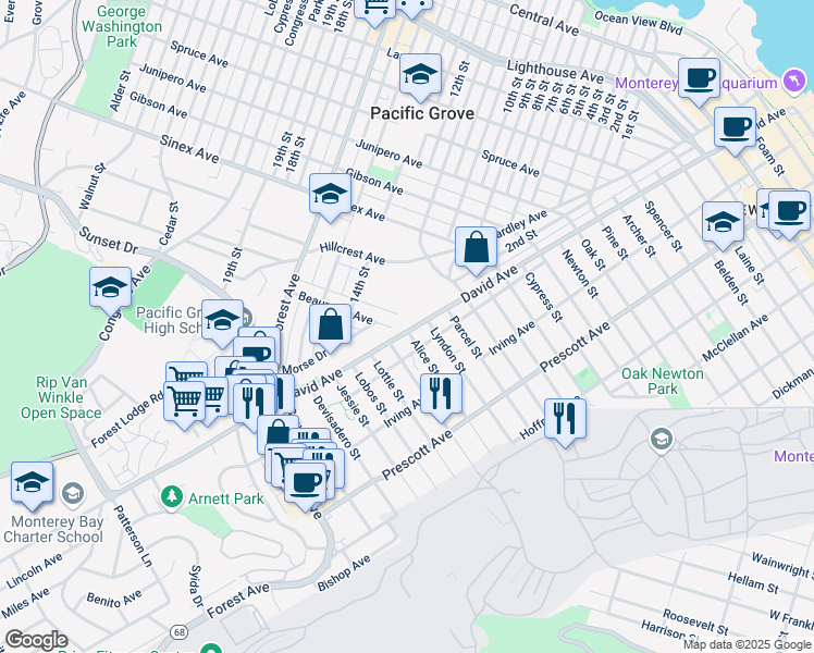 map of restaurants, bars, coffee shops, grocery stores, and more near 1870 David Avenue in Monterey