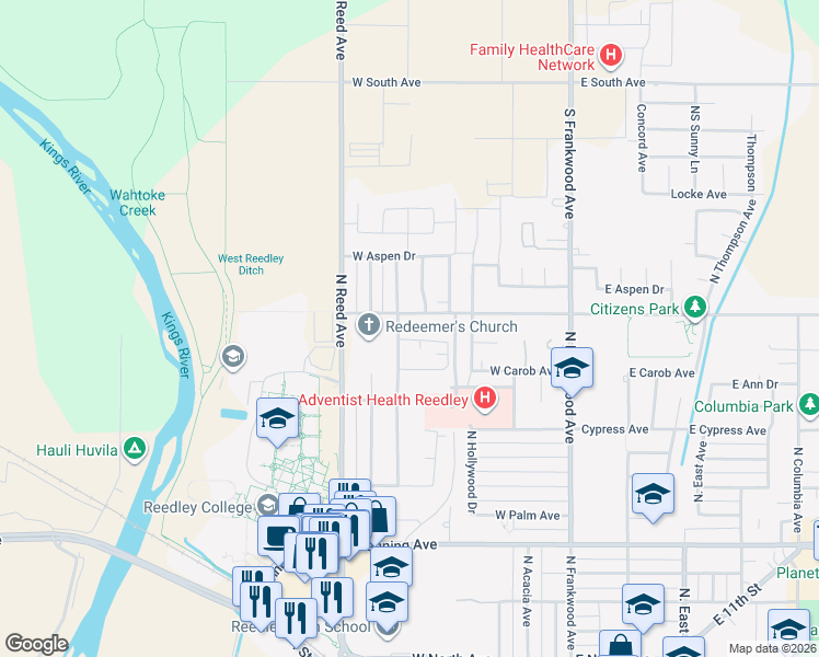 map of restaurants, bars, coffee shops, grocery stores, and more near 1580 North Hope Avenue in Reedley