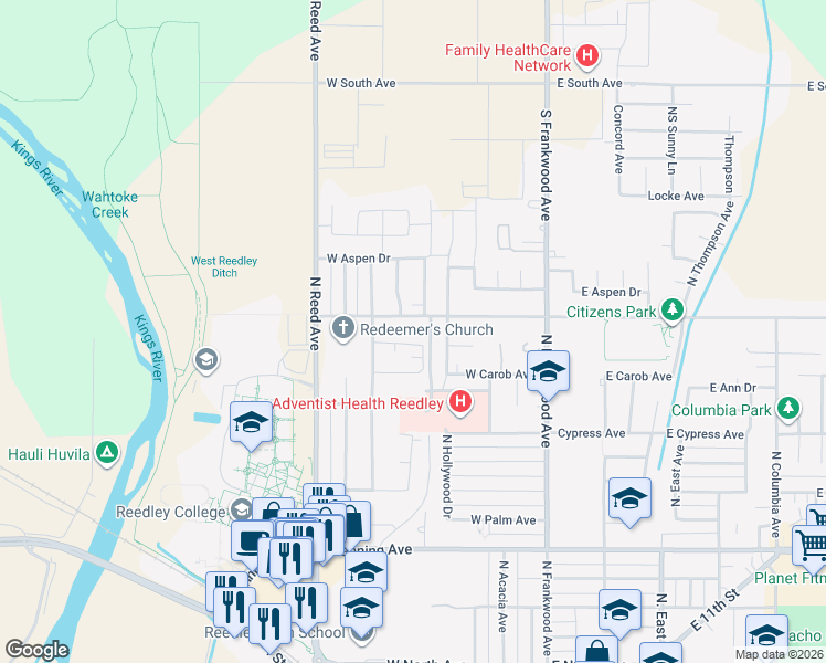 map of restaurants, bars, coffee shops, grocery stores, and more near 539 West Parlier Avenue in Reedley