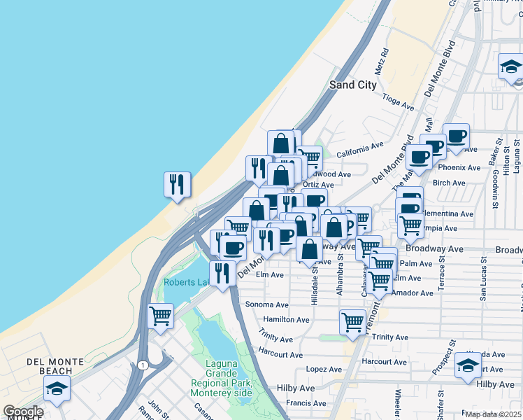 map of restaurants, bars, coffee shops, grocery stores, and more near 1643 Catalina Street in Sand City