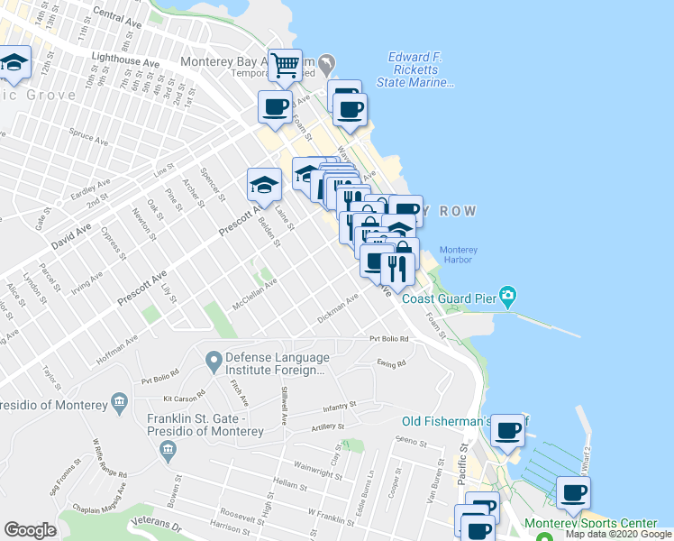 map of restaurants, bars, coffee shops, grocery stores, and more near 401 Laine Street in Monterey