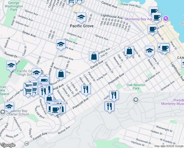 map of restaurants, bars, coffee shops, grocery stores, and more near 852 Lyndon Street in Monterey