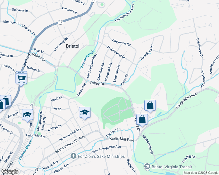 map of restaurants, bars, coffee shops, grocery stores, and more near 608 East Valley Drive in Bristol