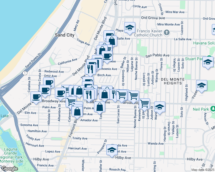map of restaurants, bars, coffee shops, grocery stores, and more near 1129 Clementina Avenue in Seaside