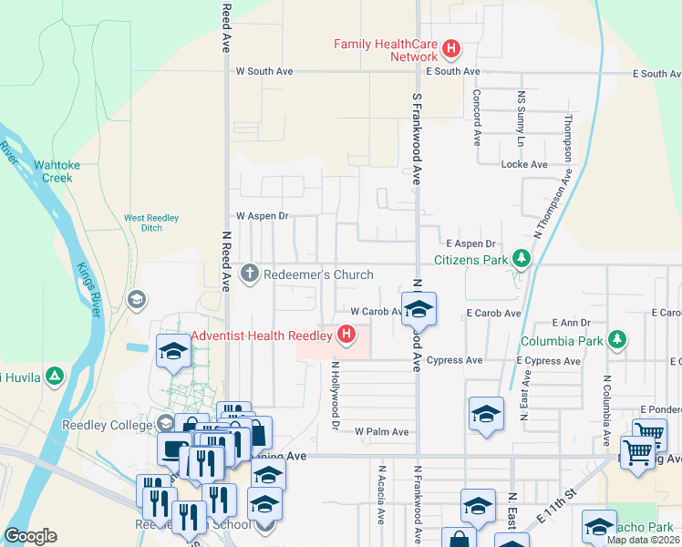 map of restaurants, bars, coffee shops, grocery stores, and more near 1597 North Hollywood Drive in Reedley