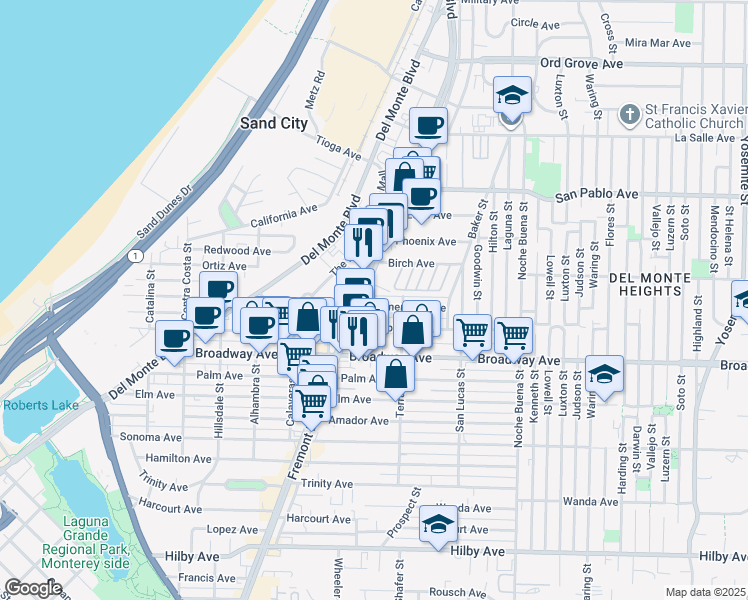 map of restaurants, bars, coffee shops, grocery stores, and more near 1076 Clementina Avenue in Seaside