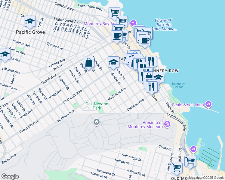 map of restaurants, bars, coffee shops, grocery stores, and more near 542 Archer Street in Monterey