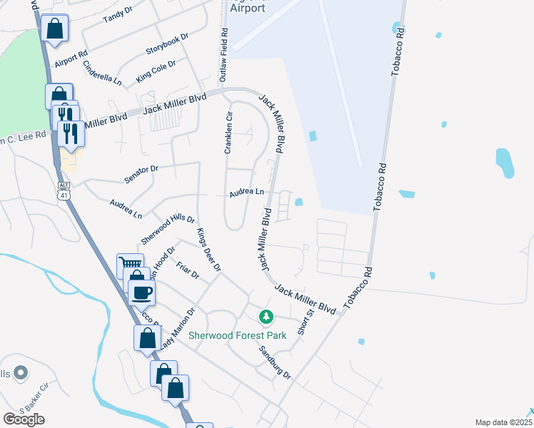 map of restaurants, bars, coffee shops, grocery stores, and more near Jack Miller Boulevard in Clarksville