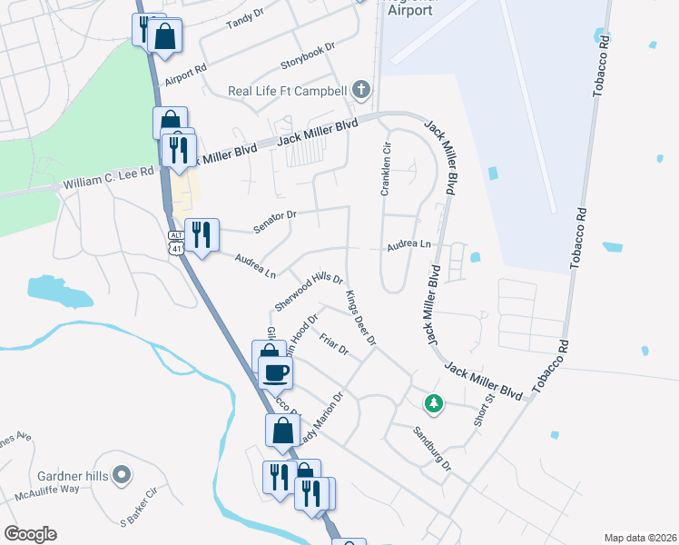 map of restaurants, bars, coffee shops, grocery stores, and more near 218 Sherwood Hills Drive in Clarksville