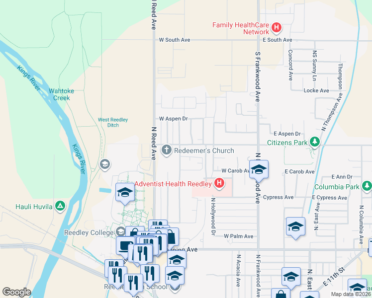 map of restaurants, bars, coffee shops, grocery stores, and more near 1580 North Hope Avenue in Reedley