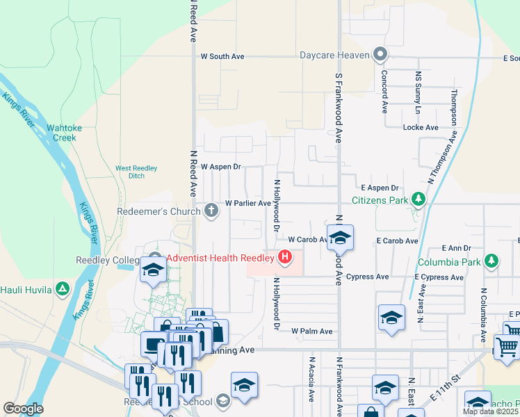map of restaurants, bars, coffee shops, grocery stores, and more near 1592 North Hope Avenue in Reedley
