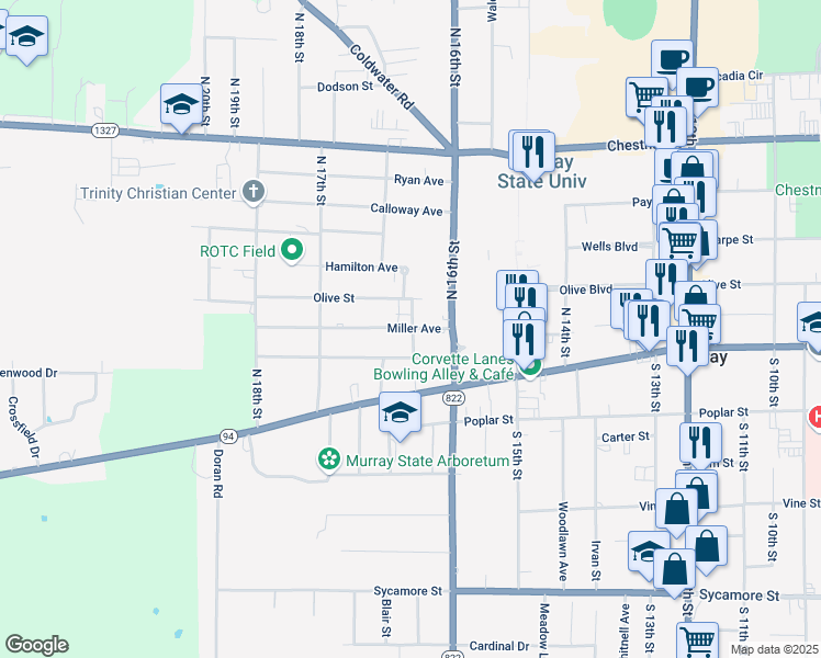map of restaurants, bars, coffee shops, grocery stores, and more near 1608 Farmer Avenue in Murray
