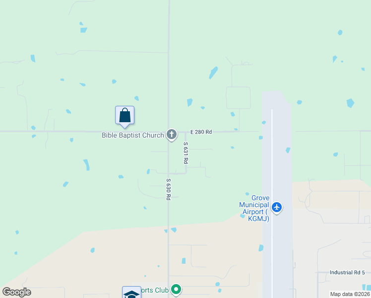 map of restaurants, bars, coffee shops, grocery stores, and more near South 631 Road in Grove