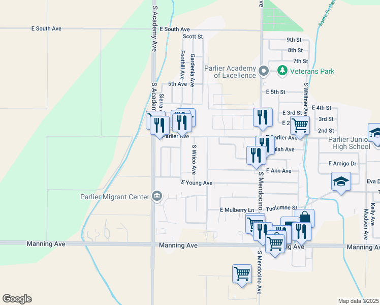 map of restaurants, bars, coffee shops, grocery stores, and more near 8590 South Wrico Avenue in Parlier