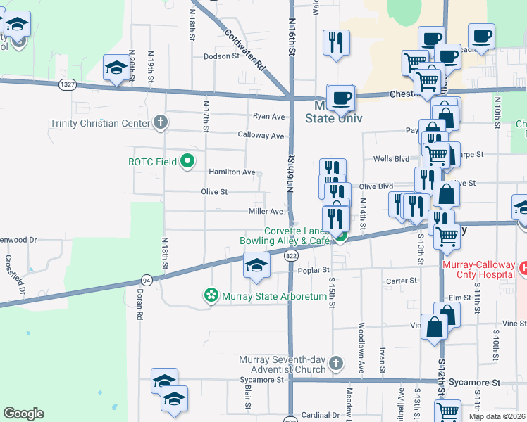 map of restaurants, bars, coffee shops, grocery stores, and more near 1608 Farmer Avenue in Murray