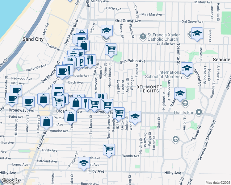 map of restaurants, bars, coffee shops, grocery stores, and more near 1648 Noche Buena Street in Seaside