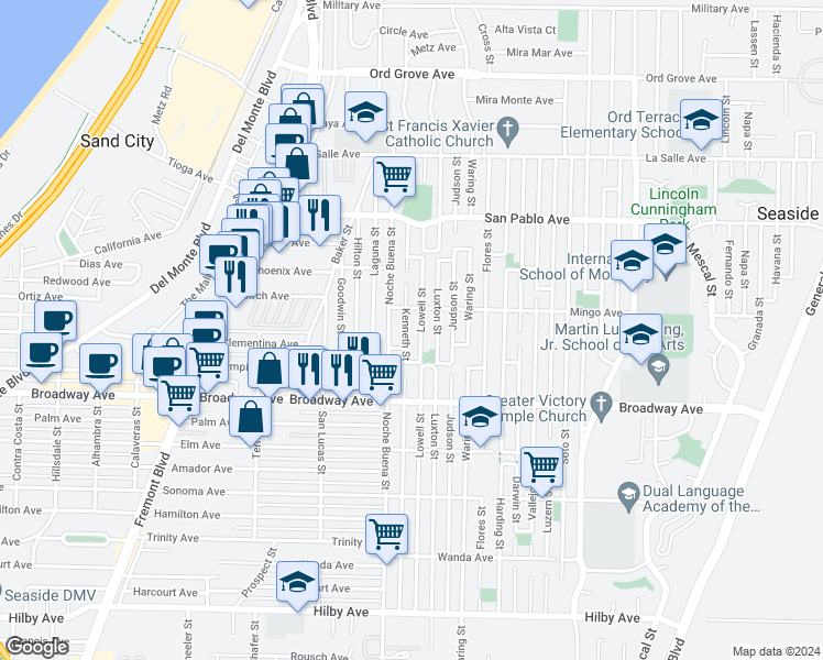 map of restaurants, bars, coffee shops, grocery stores, and more near 1674 Kenneth Street in Seaside