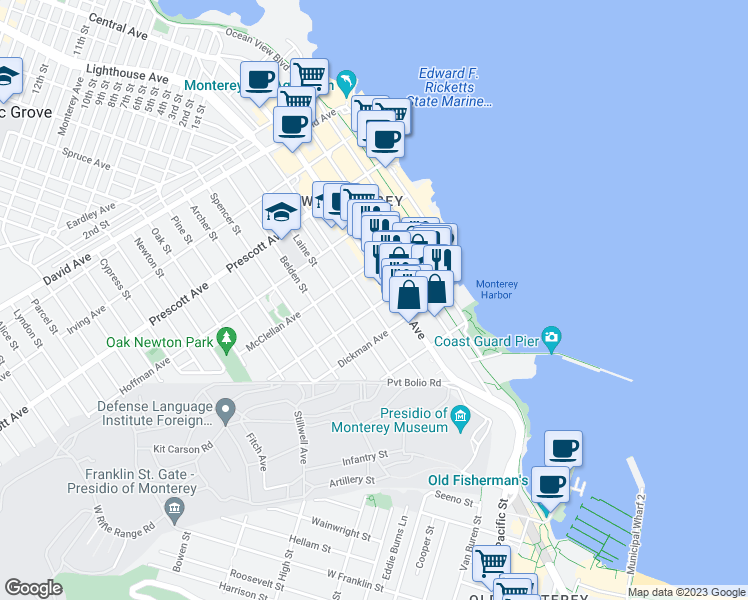 map of restaurants, bars, coffee shops, grocery stores, and more near 400 Hawthorne Street in Monterey