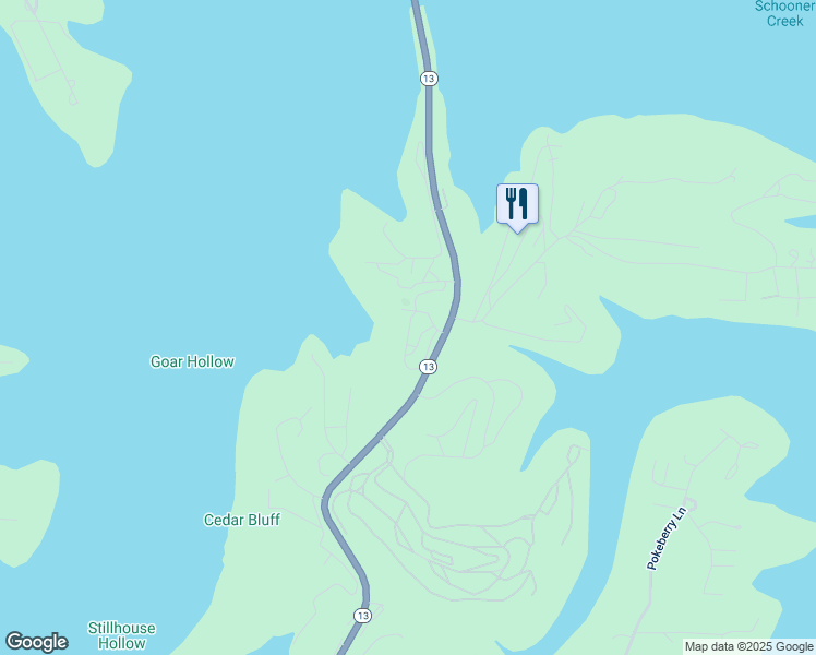 map of restaurants, bars, coffee shops, grocery stores, and more near 130 Kimberling Shores Lane in Kimberling City
