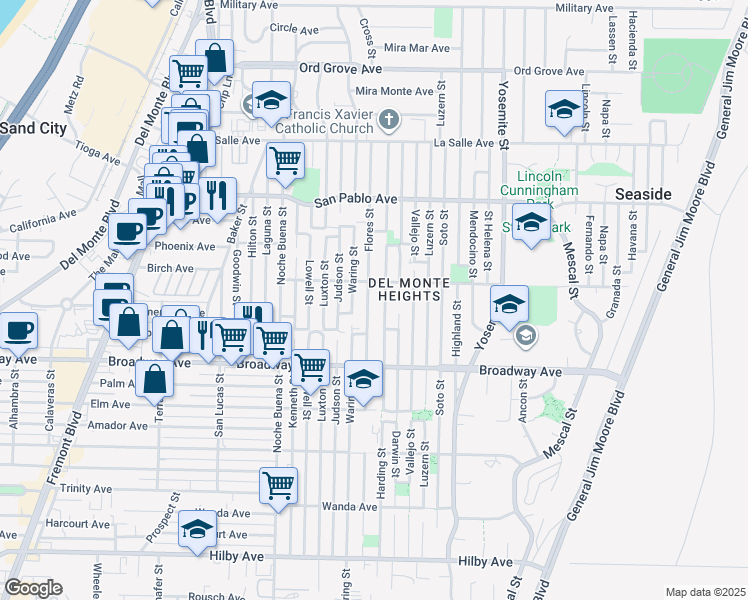 map of restaurants, bars, coffee shops, grocery stores, and more near 1676 Flores Street in Seaside