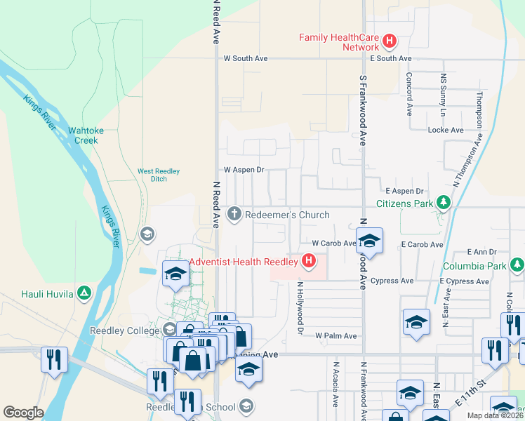map of restaurants, bars, coffee shops, grocery stores, and more near 1742 North Hope Avenue in Reedley