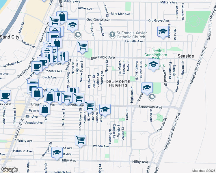 map of restaurants, bars, coffee shops, grocery stores, and more near 1676 Flores Street in Seaside