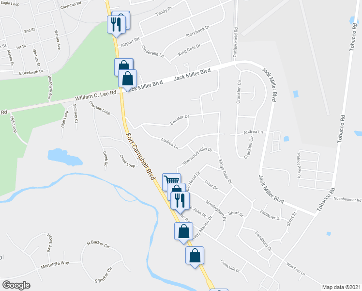 map of restaurants, bars, coffee shops, grocery stores, and more near 275 Audrea Lane in Clarksville