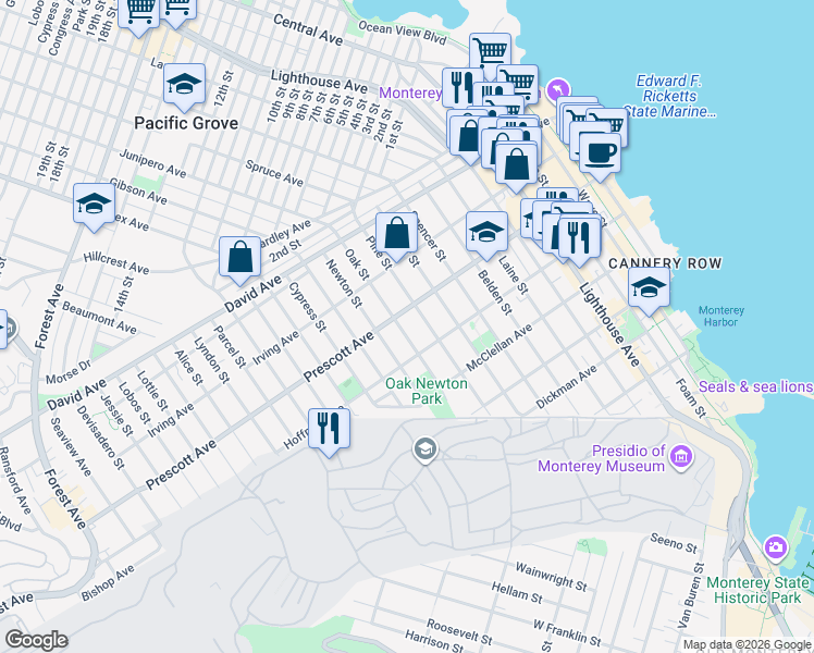 map of restaurants, bars, coffee shops, grocery stores, and more near 701 Pine Street in Monterey