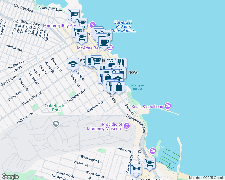 map of restaurants, bars, coffee shops, grocery stores, and more near 199 Drake Avenue in Monterey