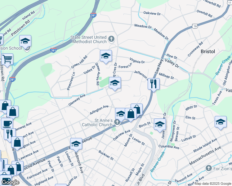 map of restaurants, bars, coffee shops, grocery stores, and more near Washington Lee Drive in Bristol