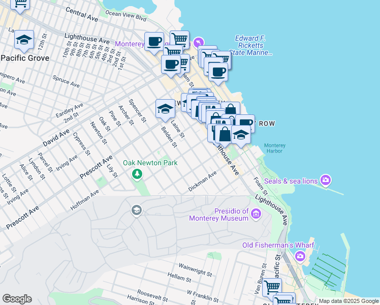 map of restaurants, bars, coffee shops, grocery stores, and more near 499 Laine Street in Monterey
