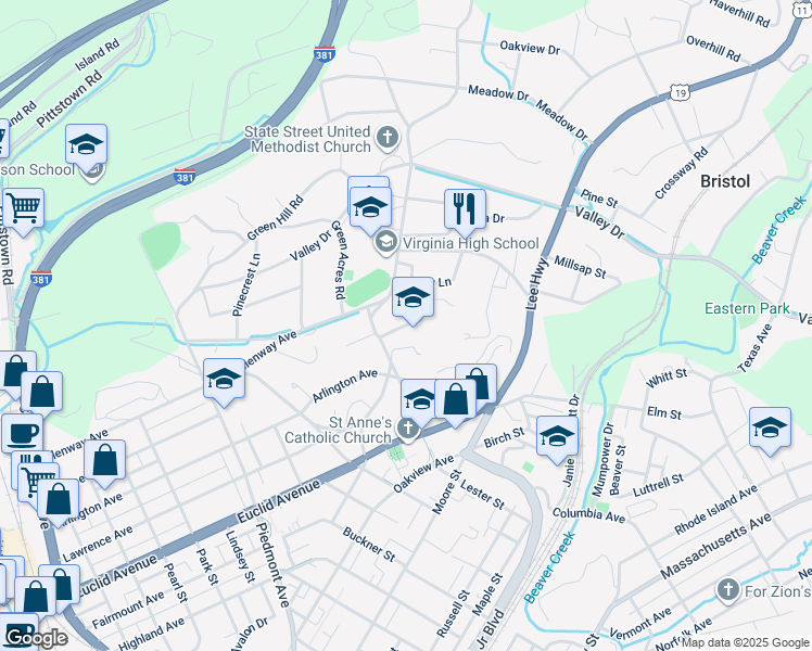 map of restaurants, bars, coffee shops, grocery stores, and more near Washington Lee Drive in Bristol