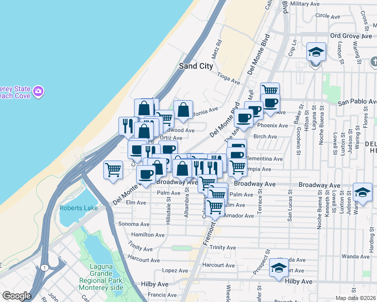 map of restaurants, bars, coffee shops, grocery stores, and more near 701 Clementina Avenue in Seaside