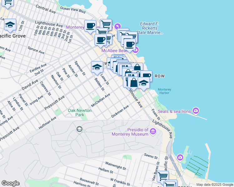 map of restaurants, bars, coffee shops, grocery stores, and more near 470 Laine Street in Monterey