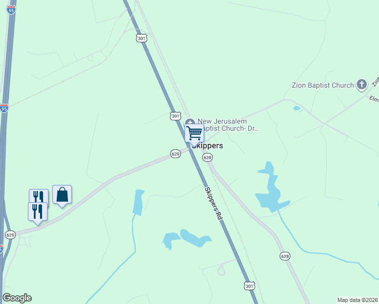 map of restaurants, bars, coffee shops, grocery stores, and more near 5123-5299 Skippers Road in Skippers