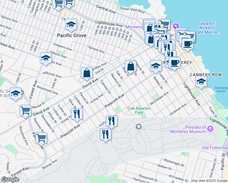 map of restaurants, bars, coffee shops, grocery stores, and more near 767 Lily Street in Monterey