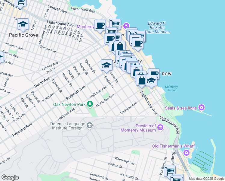 map of restaurants, bars, coffee shops, grocery stores, and more near 557 Laine Street in Monterey