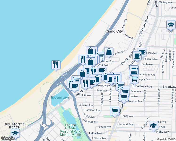 map of restaurants, bars, coffee shops, grocery stores, and more near 495 Elder Avenue in Sand City