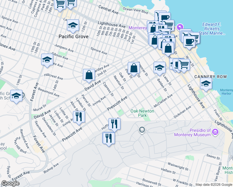 map of restaurants, bars, coffee shops, grocery stores, and more near 767 Lily Street in Monterey