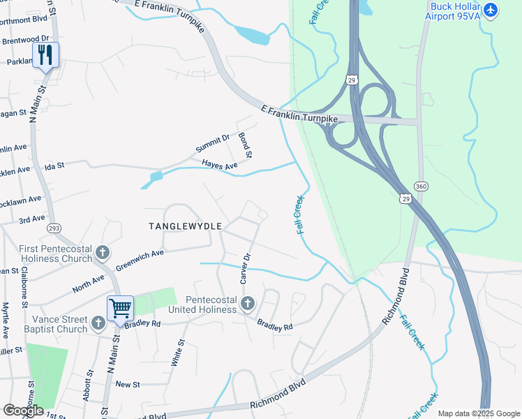 map of restaurants, bars, coffee shops, grocery stores, and more near 200 Carver Drive in Danville