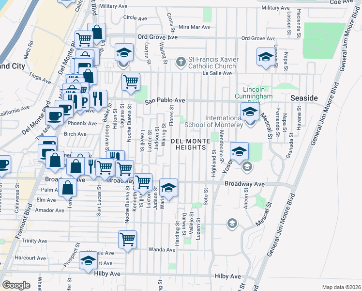 map of restaurants, bars, coffee shops, grocery stores, and more near 1688 Harding Street in Seaside
