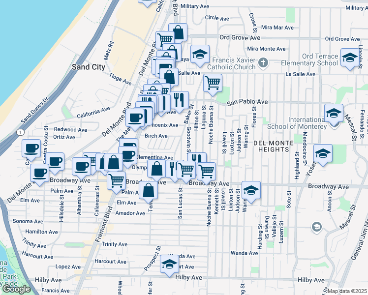 map of restaurants, bars, coffee shops, grocery stores, and more near 1688 San Lucas Street in Seaside