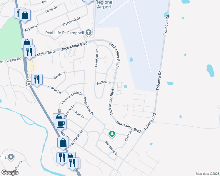 map of restaurants, bars, coffee shops, grocery stores, and more near 394 Jack Miller Boulevard in Clarksville