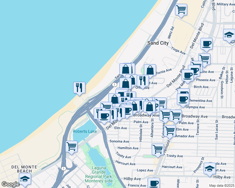 map of restaurants, bars, coffee shops, grocery stores, and more near 1793 Catalina Street in Seaside