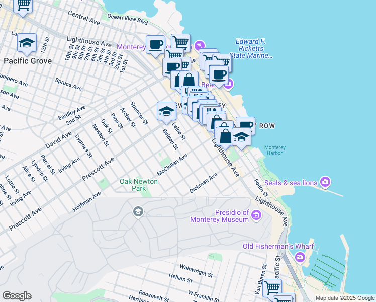 map of restaurants, bars, coffee shops, grocery stores, and more near 504 McClellan Avenue in Monterey