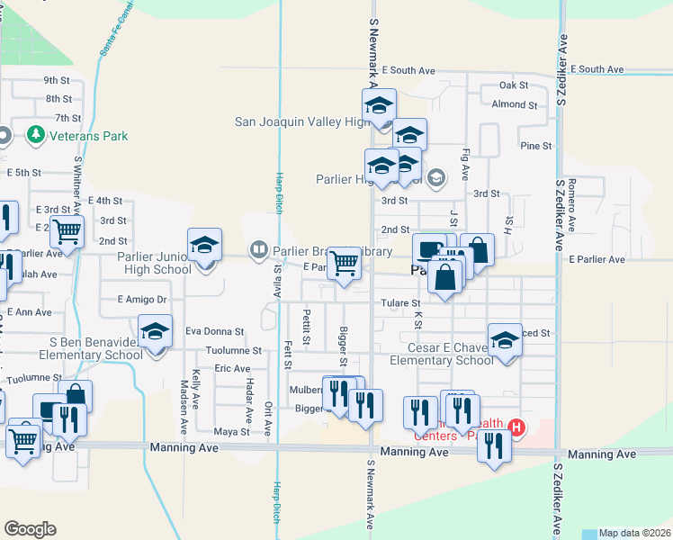 map of restaurants, bars, coffee shops, grocery stores, and more near 595 Bigger Street in Parlier