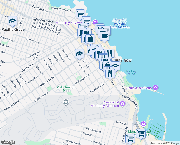 map of restaurants, bars, coffee shops, grocery stores, and more near 557 Laine Street in Monterey