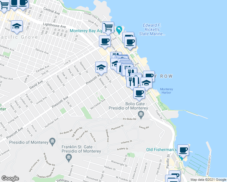 map of restaurants, bars, coffee shops, grocery stores, and more near 557 Laine Street in Monterey