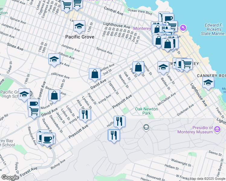 map of restaurants, bars, coffee shops, grocery stores, and more near 866 Filmore Street in Monterey